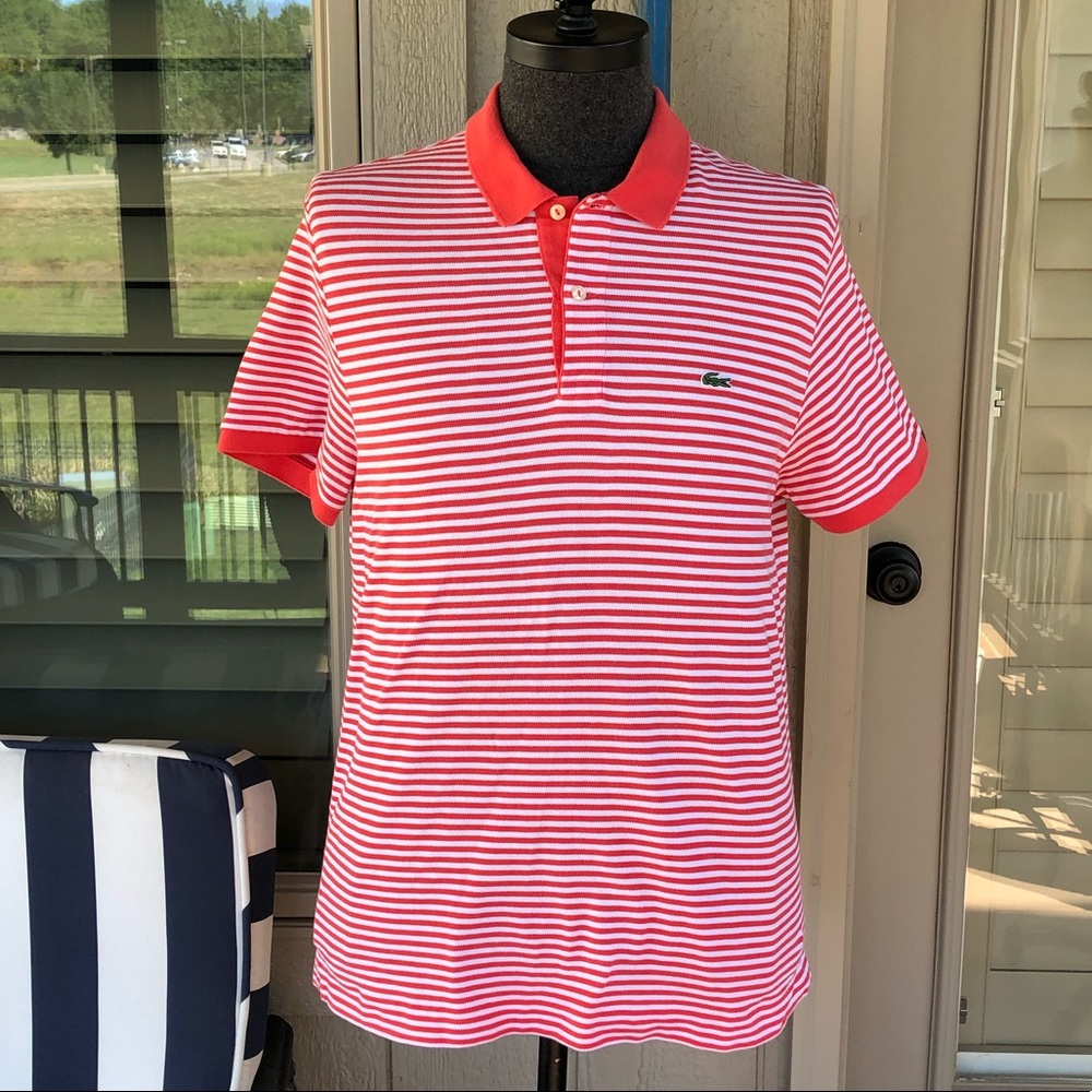 LACOSTE Men’s Coral & White Micro-Stripe Cotton Pique Knit Shirt - Size EU6/US L - Picture 5 of 12